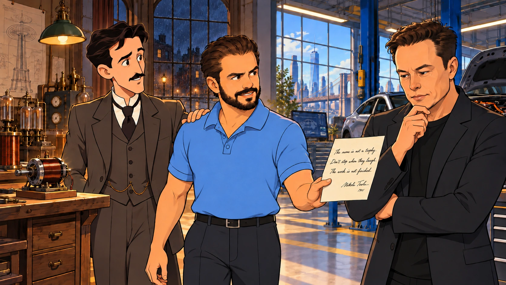 Briva carries a letter between Nikola Tesla’s laboratory in 1901 and Elon’s modern workshop
